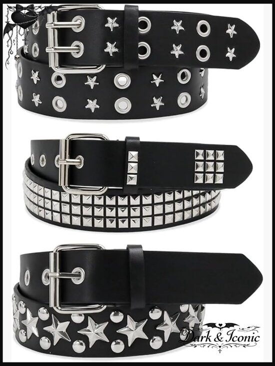 3pc Y2K Star Studded Punk Goth Emo Belt Set PU Leather Double Grommet main image 7